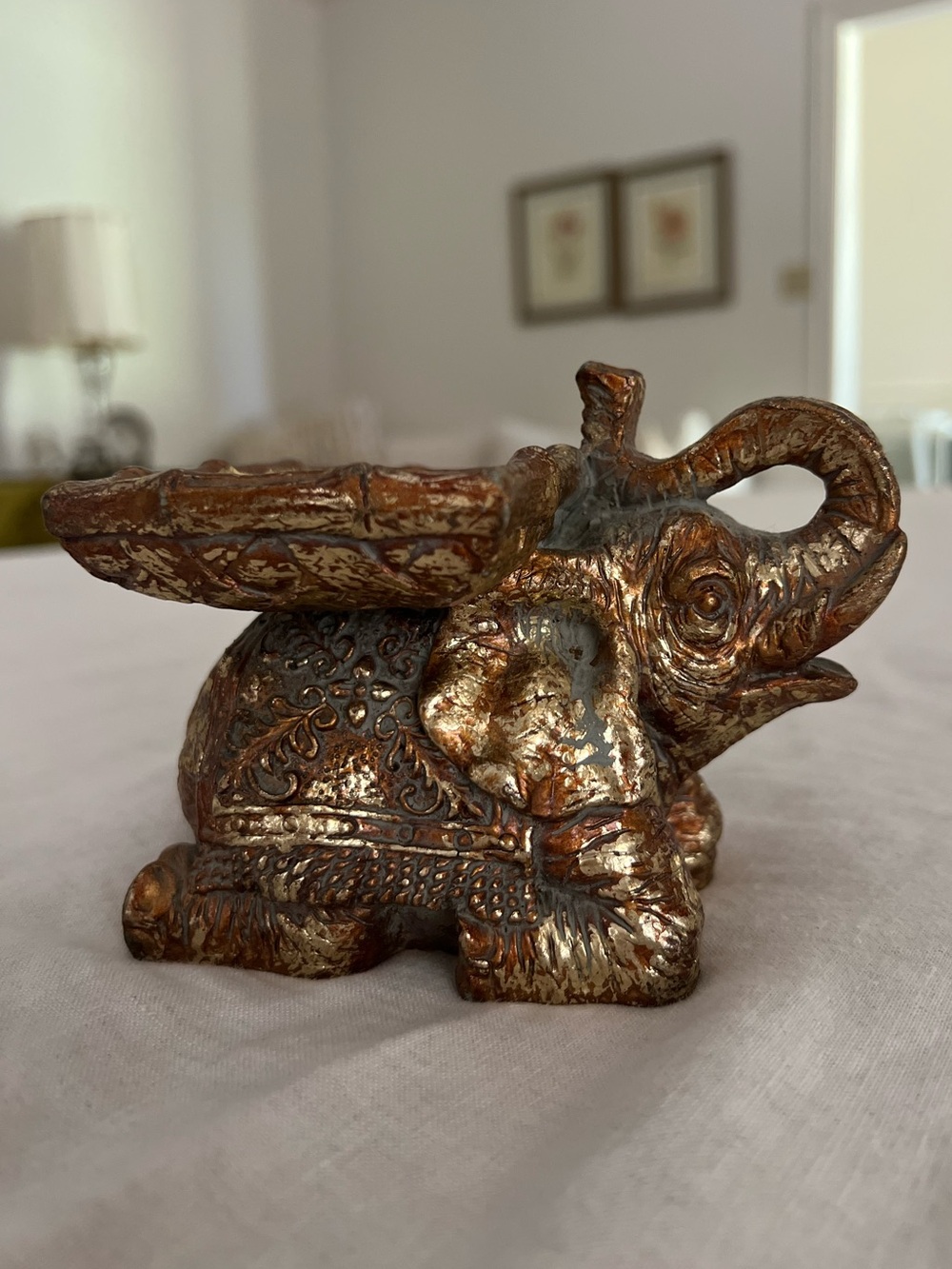 Ornate Carved Wood Gold-Accent Elephant Business Card Holder Display